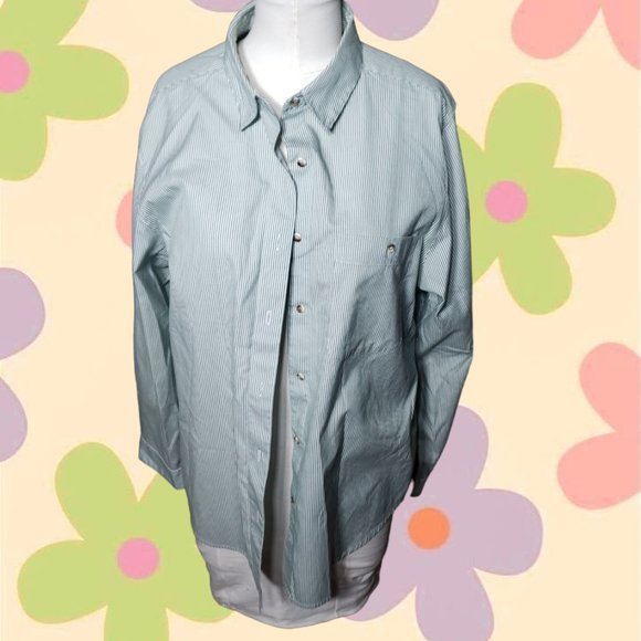 LL Bean Ladies' Striped Button Down Shirt - Green Striped Chambray Size 14 - Picture 1 of 6